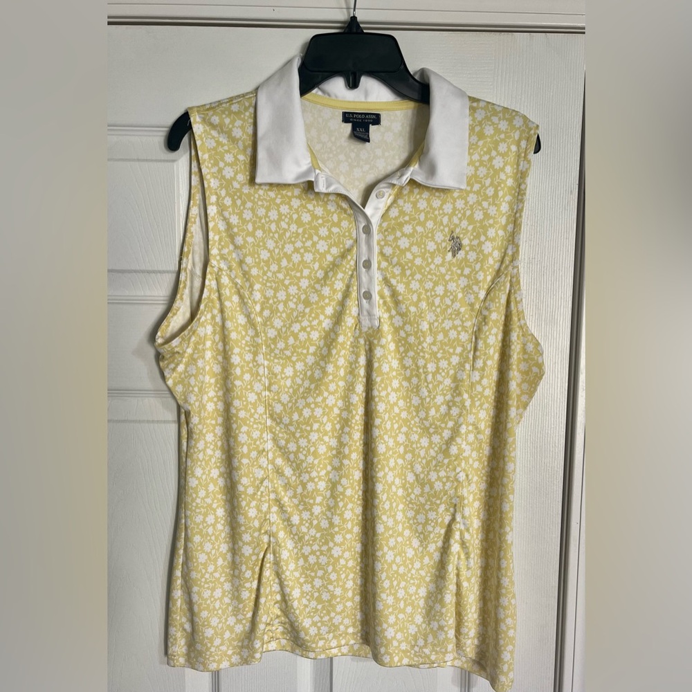 Women's 2X US POLO ASSN Yellow White Flower Polo Collared Sleeveless Golf Shirt